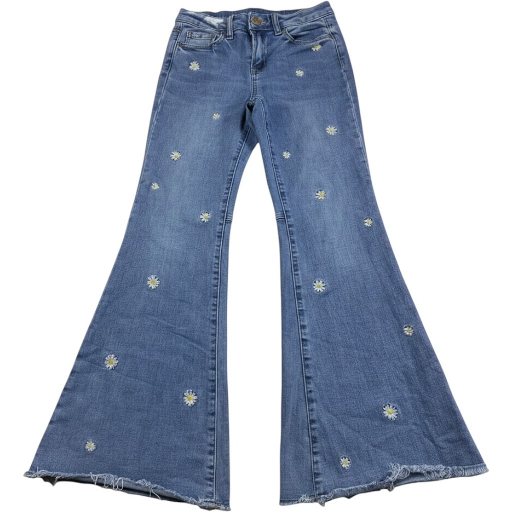 Mica Denim Womens Blue Daisy Embroidered Raw Hem Flare Jeans Size 27 M
